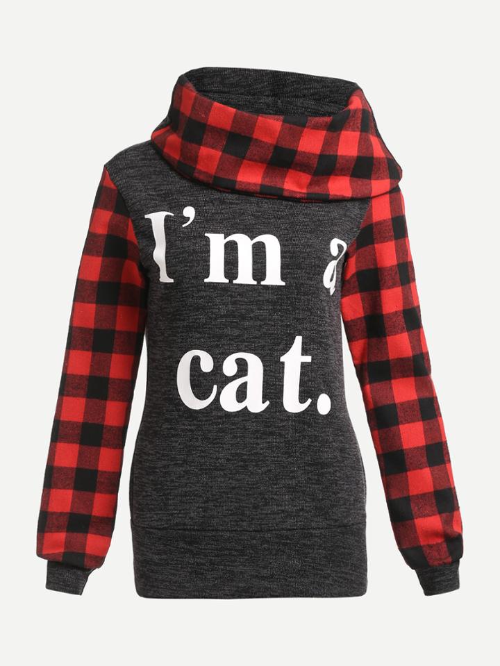 Shein Contrast Check Plaid Sleeve Letter Print Sweatshirt