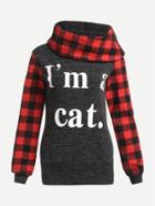 Shein Contrast Check Plaid Sleeve Letter Print Sweatshirt