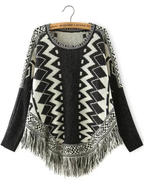 Shein Black White Geometric Print Batwing Tassel Sweater