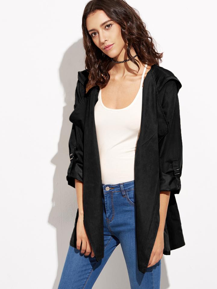 Shein Black Drawstring Pockets Hooded Coat