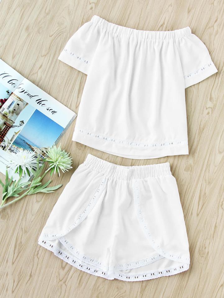 Shein Boat Neckline Contrast Crochet Hollow Out Top With Shorts