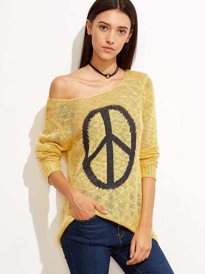Shein Yellow Graphic High Low Sweater