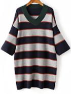 Shein Grey Contrast Striped Three Quarter Length Sleeve Knit Dress