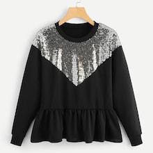 Shein Contrast Sequin Ruffle Hem Sweatshirt