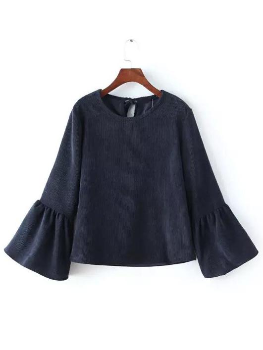 Shein Navy Bell Sleeve Crop Corduroy Blouse