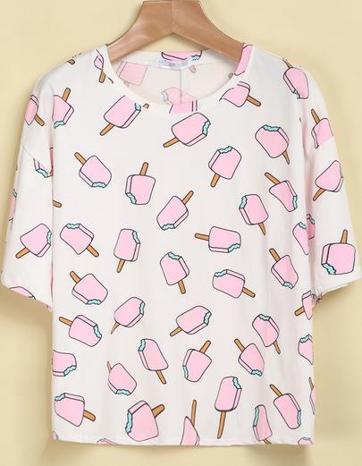 Shein White Short Sleeve Popsicles Print T-shirt