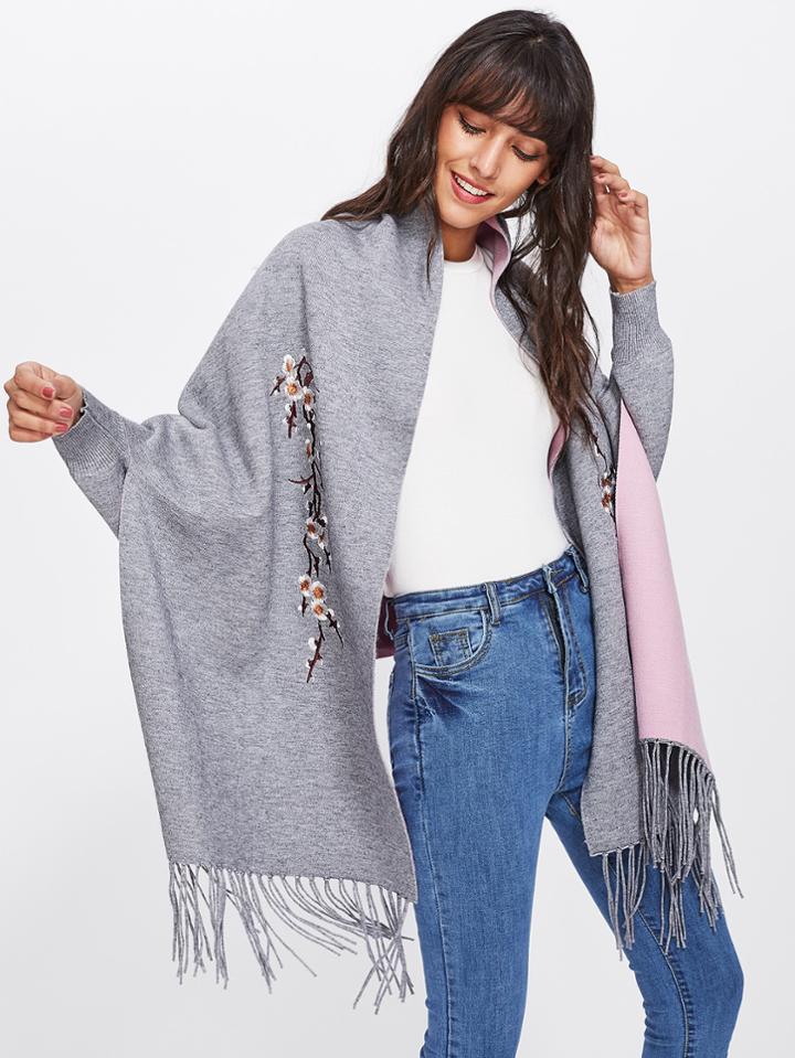 Shein Embroidered Fringe Hem Dolman Sweater
