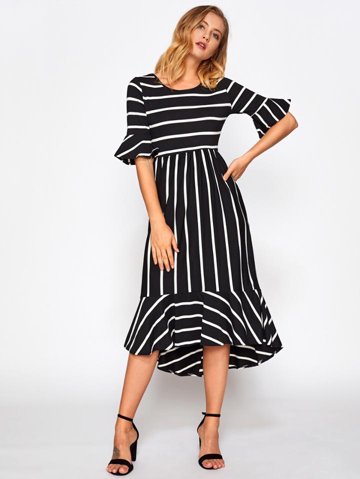 Shein Fluted Sleeve Frill Hem Striped Dress