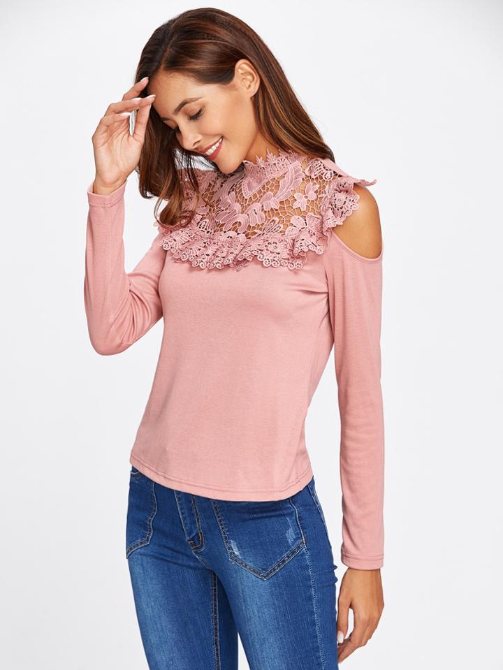 Shein Open Shoulder Floral Lack Yoke Tee