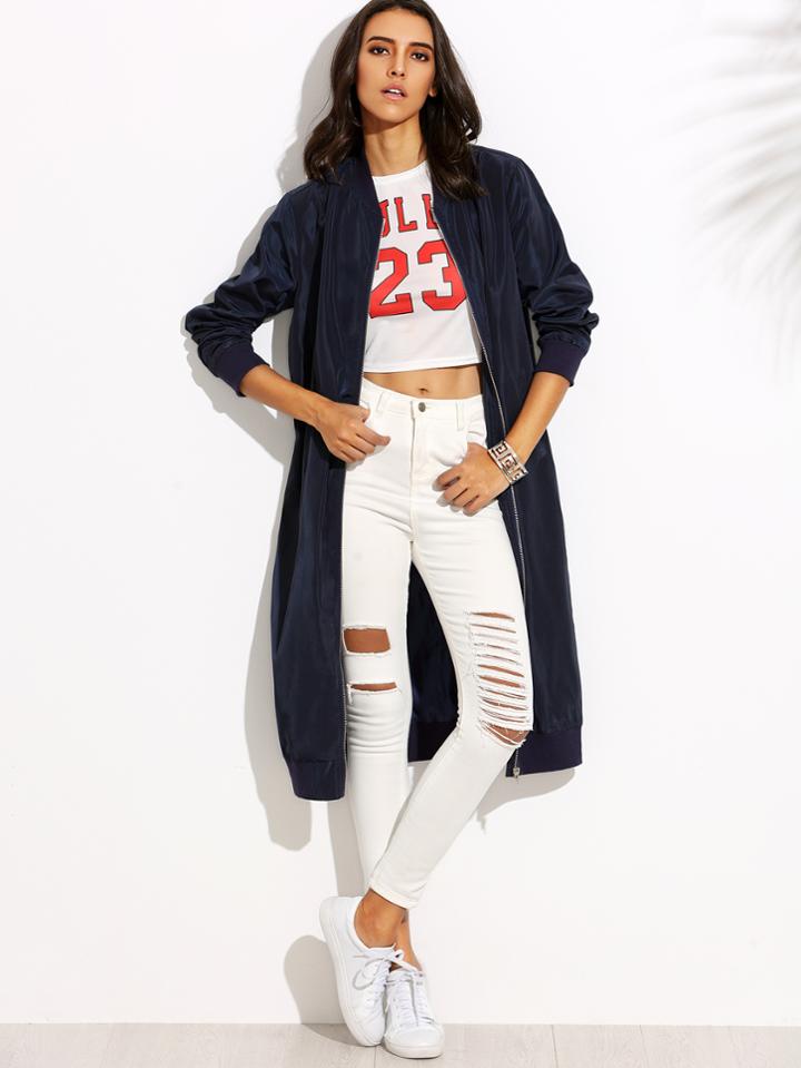 Shein Navy Zip Up Longline Bomber Jacket