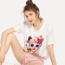 Shein Figure Print Stereo Flowers Tee