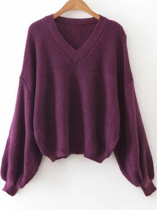 Shein Purple V Neck Lantern Sleeve Sweater