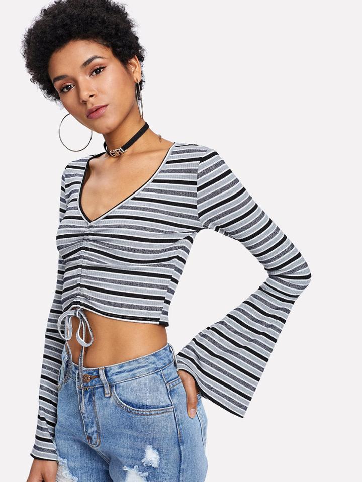 Shein Drawstring Detail Striped Crop Tee