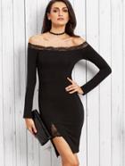Shein Black Lace Trim Off The Shoulder Slit Sheath Dress