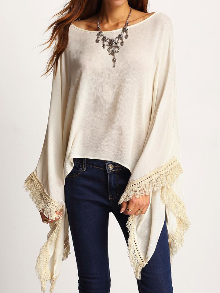 Shein Apricot Lace Crochet Fringe Loose Top