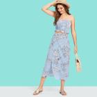 Shein Button Detail Pleated Floral Tube Top With Skirt