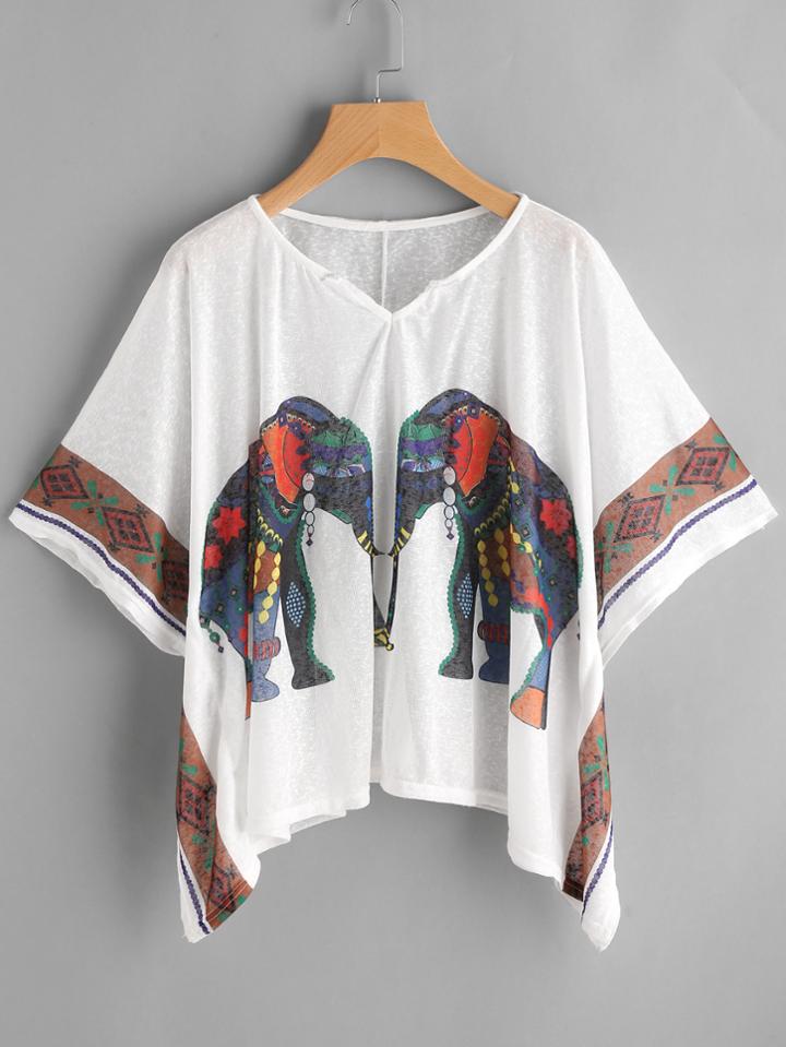 Shein Kimono Sleeve Elephant Print Hanky Hem Top