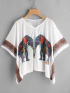 Shein Kimono Sleeve Elephant Print Hanky Hem Top
