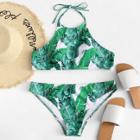 Shein Plus Palm Leaf Print Halter Neck Bikini Set