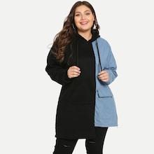 Shein Plus Drawstring Zip Side Denim Contrast Hoodie