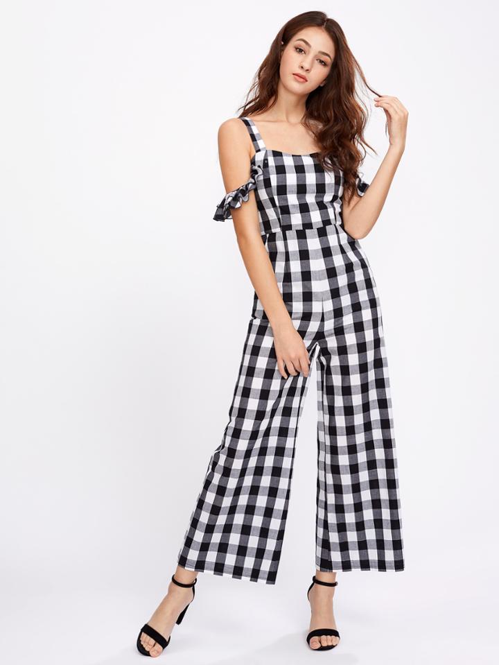 Shein Thick Strap Ruffle Sleeve Checkered Culotte Jumpsuit