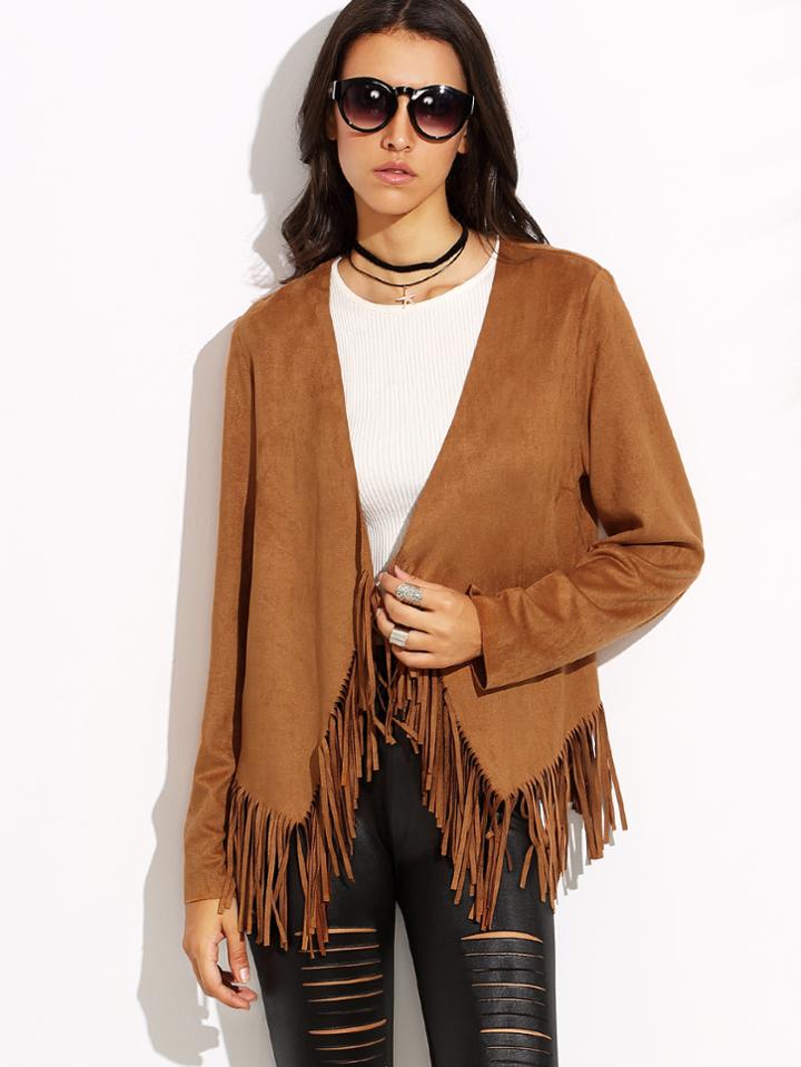 Shein Camel Tassel Hem Long Sleeve Outerwear
