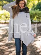 Shein Grey Contrast Black Lace Embroidered Asymmetric T-shirt