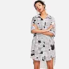 Shein Newspaper Pattern High Low Shirt Dress