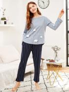 Shein Cloud Print Tee & Striped Pants Pj Set