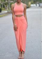 Rosewe Sleeveless Twisted Pink Two Piece Maxi Dress