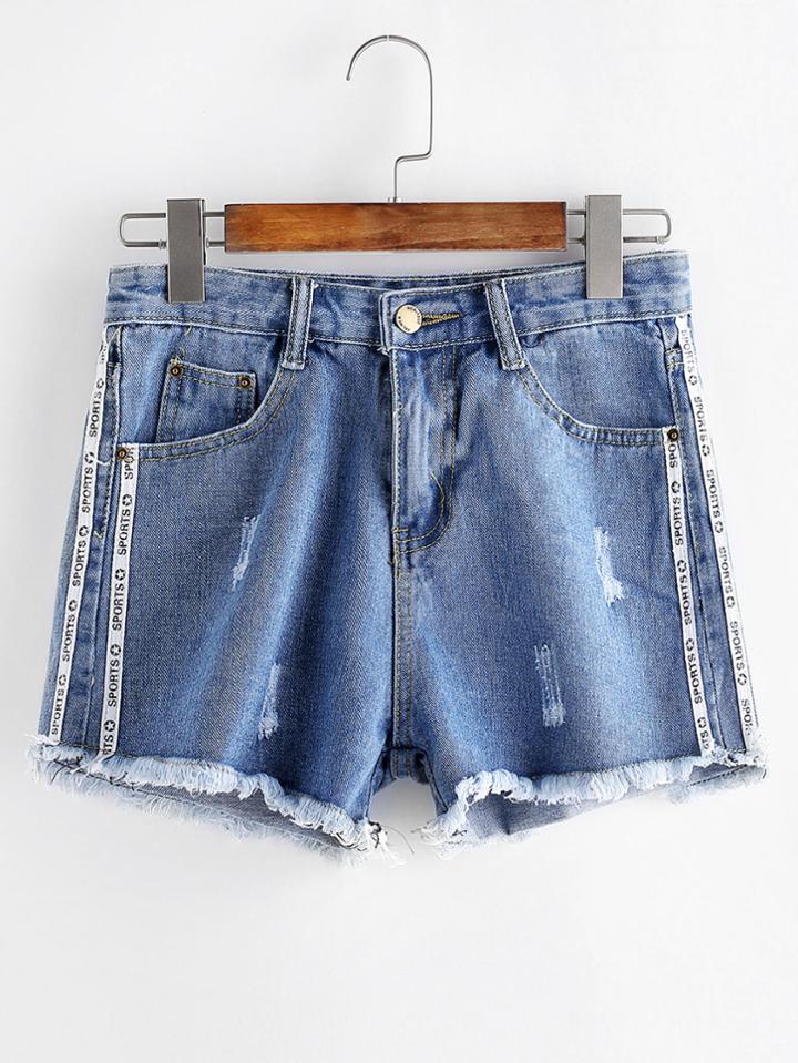 Shein Letter Tape Detail Frayed Hem Denim Shorts
