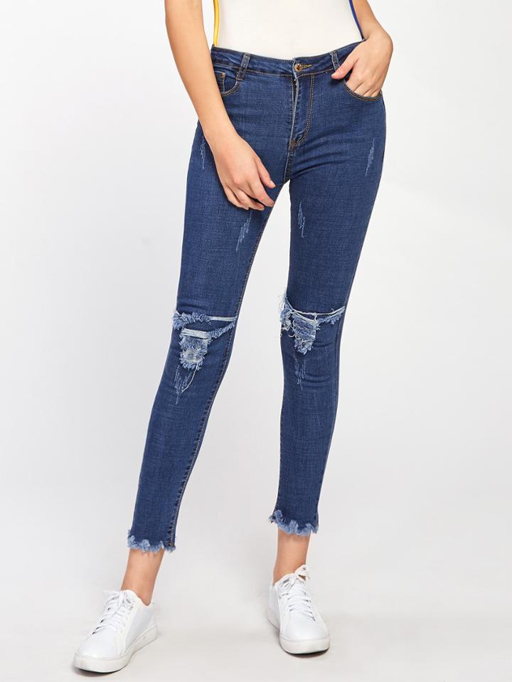 Shein Ripped Knee Frayed Hem Jeans