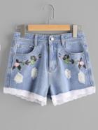 Shein Scallop Lace Trim Flower Embroidered Denim Shorts