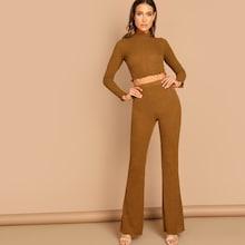 Shein Mock-neck Crop Fitted Tee & Flare Hem Pants Set