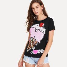 Shein Curved Hem Sequin Ice Cream T-shirt