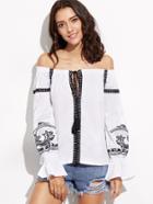 Shein White Embroidered Off The Shoulder Lace Up Fringe Top