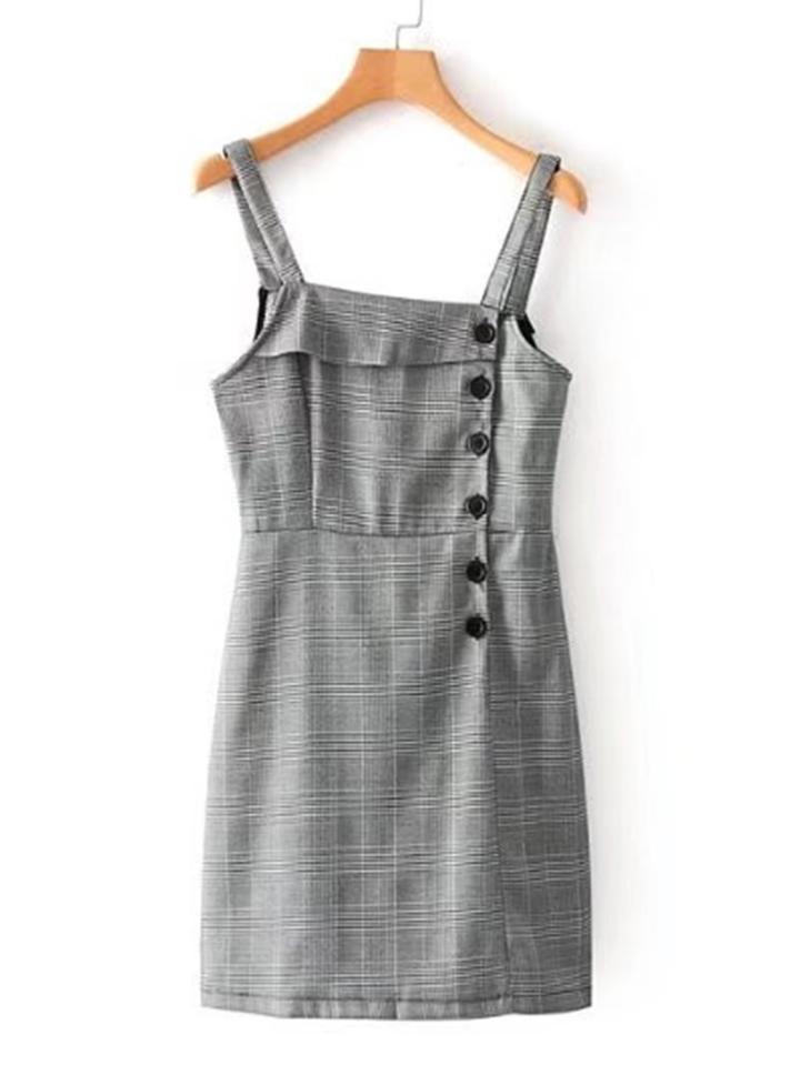 Shein Single Breasted Plaid Pinafore Dress