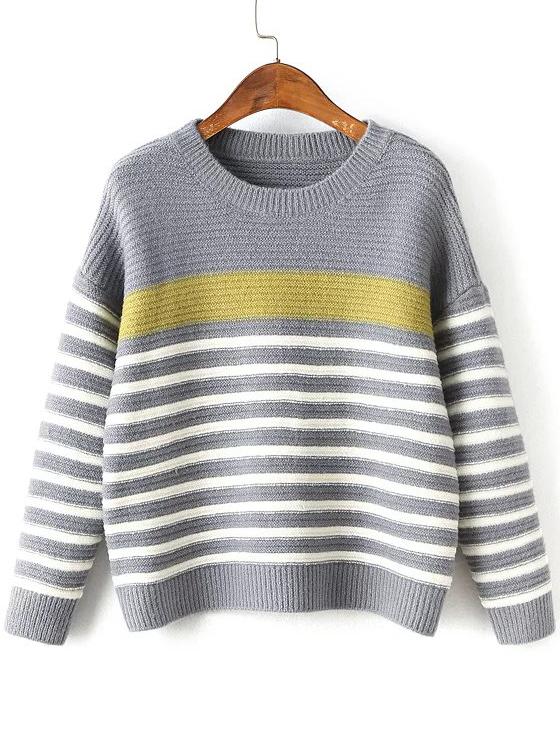 Shein Grey Striped Ribbed Trim Drop Shoulder Knitwear