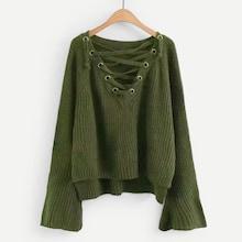 Shein Eyelet Lace-up V Neck High Low Sweater