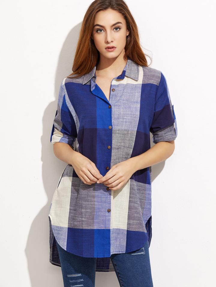 Shein Roll Tab Sleeve Curved Hem High Low Plaid Shirt