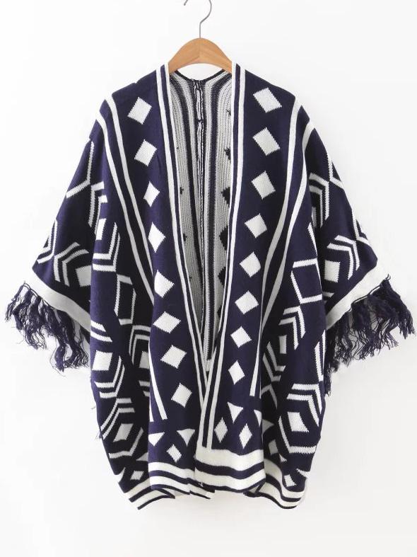 Shein Navy Geometric Pattern Fringe Cuff Cape Sweater