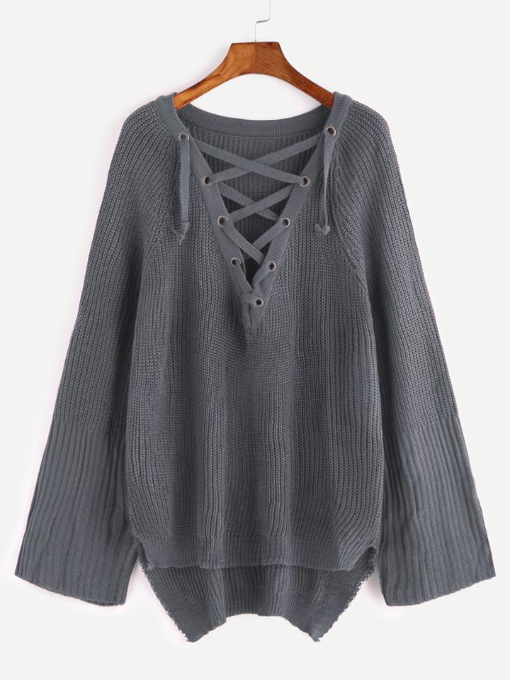 Shein Dark Grey Eyelet Lace Up High Low Sweater
