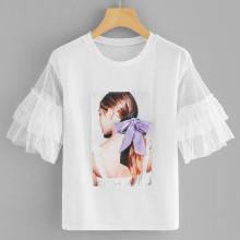 Shein Figure Print Lace Contrast Sleeve Tee