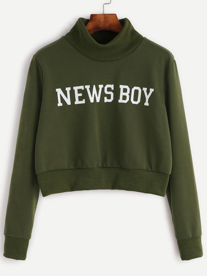 Shein Army Green Letter Print Crop Sweatshirt