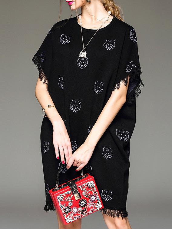 Shein Black Tiger Embroidered Fringe Shift Dress