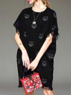 Shein Black Tiger Embroidered Fringe Shift Dress