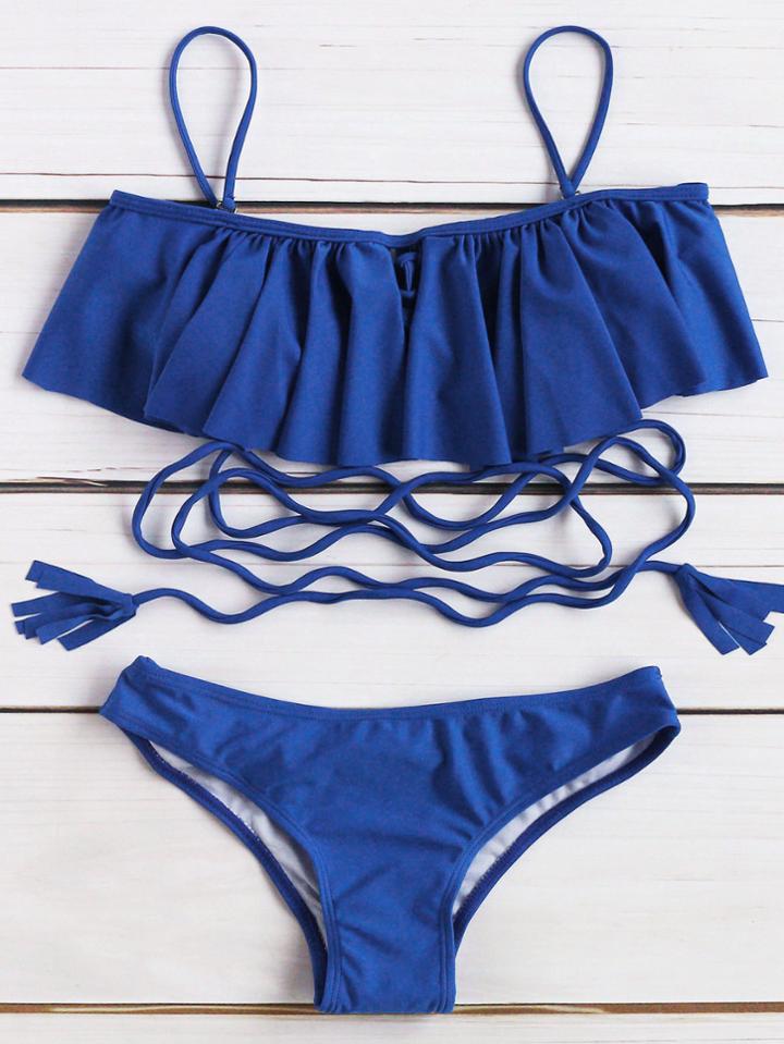 Shein Blue Ruffle Tassel Tie Bikini Set