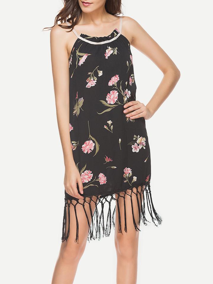 Shein Random Florals Fringe Hem Cami Dress