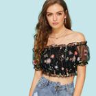Shein Off The Shoulder Contrast Mesh Floral Embroidery Top