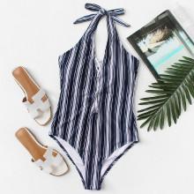 Shein Plus Lace Up Front Halterneck Striped Swimsuit